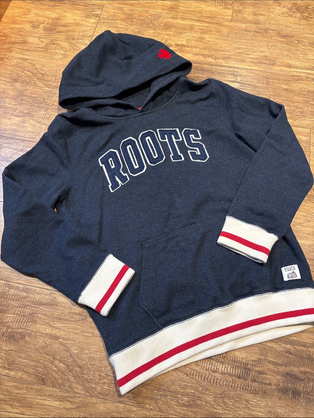Roots Cabin Navy Hoodie with Red & White Accents